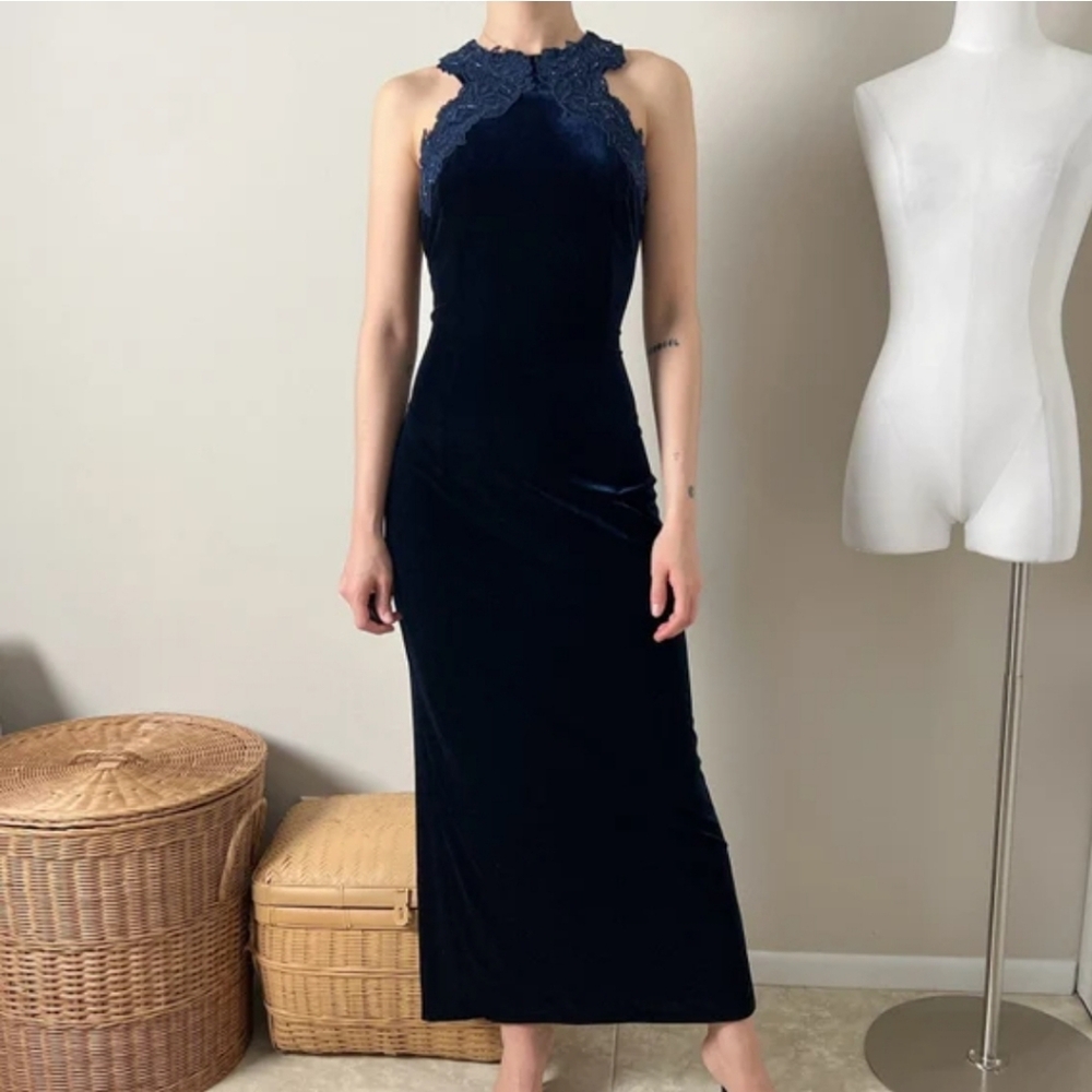 Gunne Sax Jessica McClintock Navy Blue Velvet Velour Lace Bead Maxi Dress 7/8